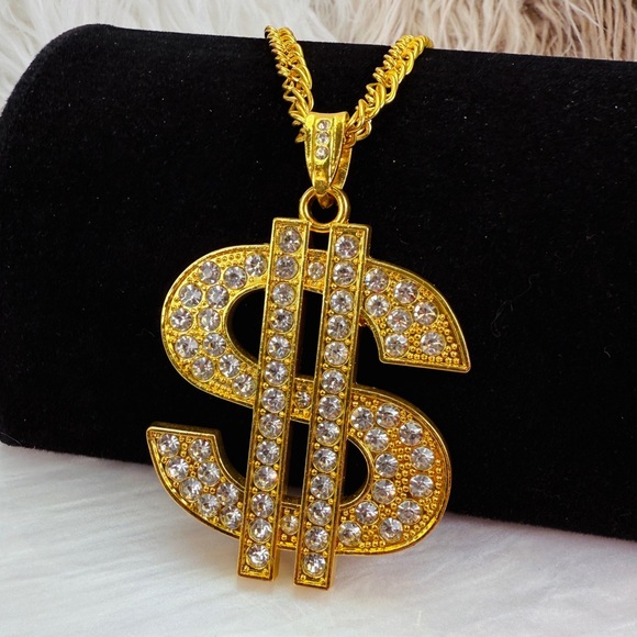 Jewelry - Goldtone Dollar Sign Bling Large Pendant Necklace + Coed Necklace